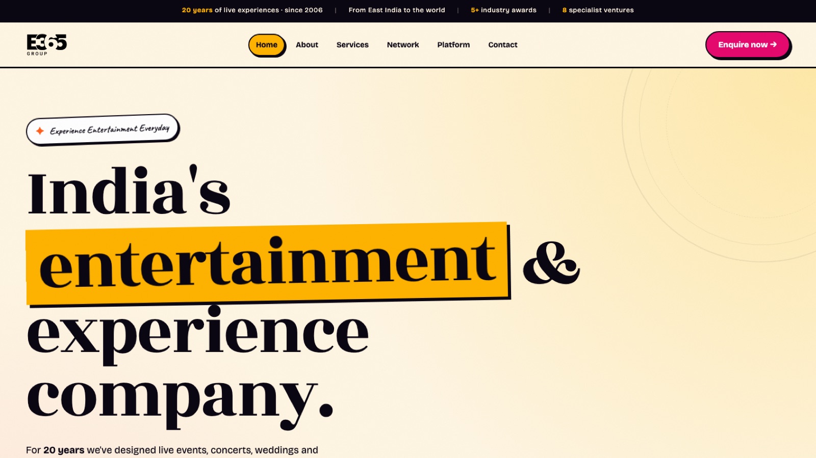 e365.in homepage — India's entertainment & experience company, 20 years of live experiences