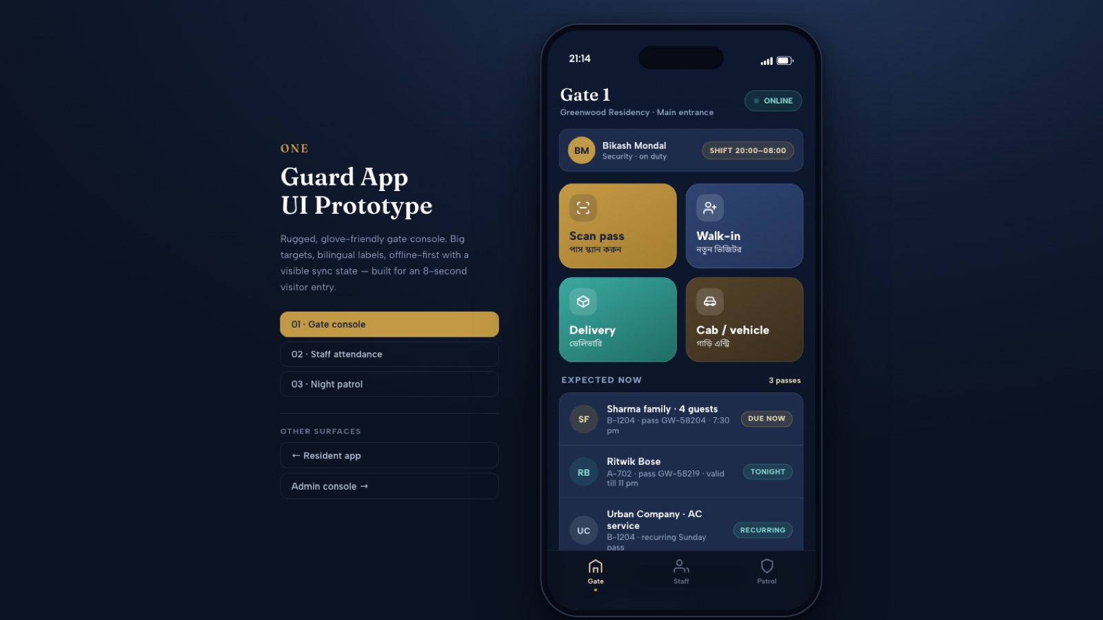 Guard app concept: glove-friendly bilingual gate console with pass scanning, walk-ins, deliveries and expected visitors