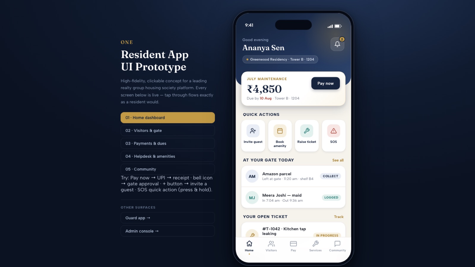Resident app concept: home dashboard with dues, quick actions, gate activity and open tickets — client name withheld