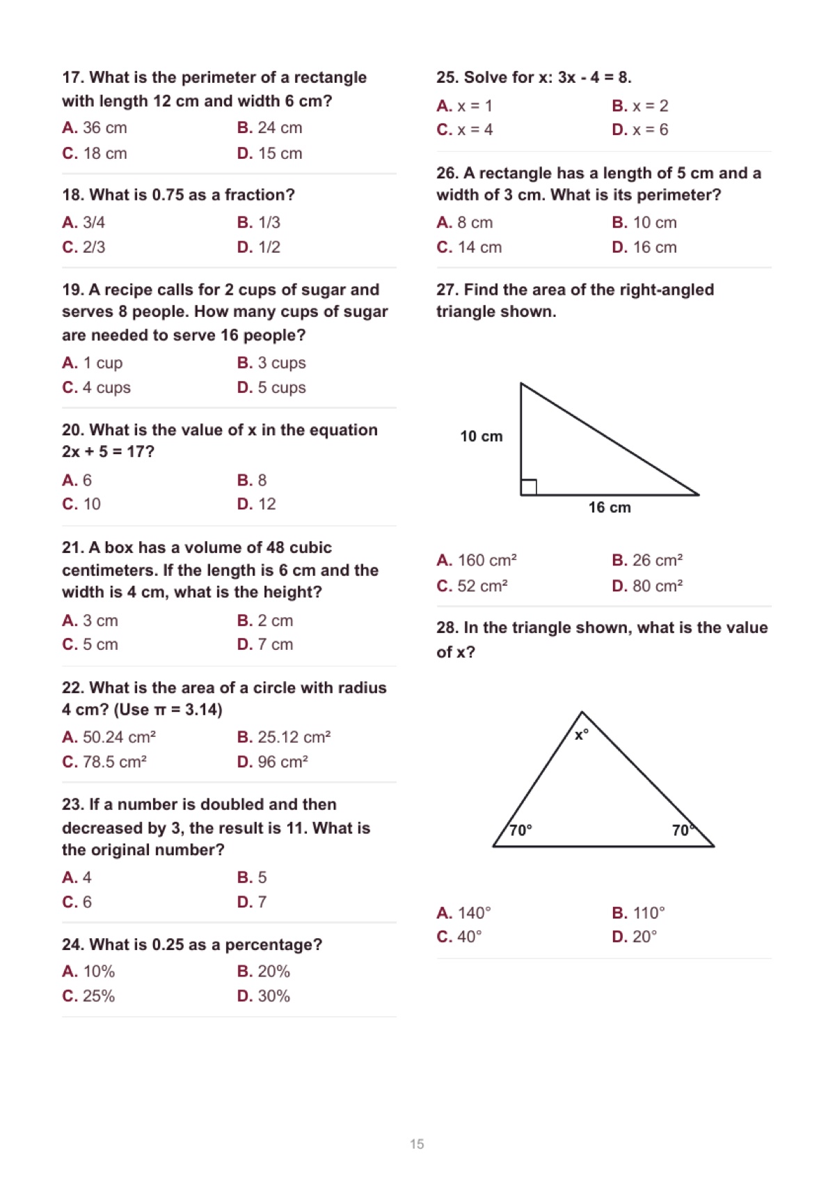 Generated maths practice page with geometry figures and multiple-choice questions