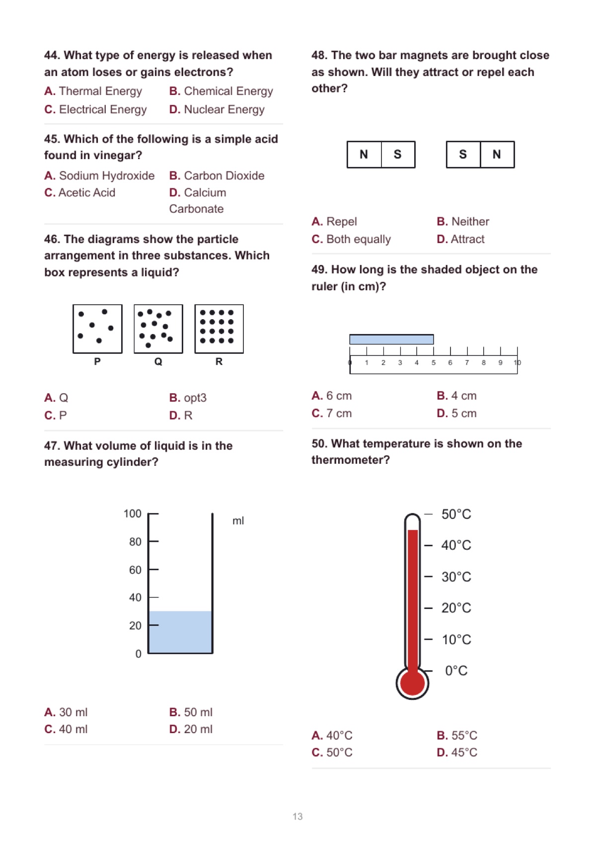 Generated science practice page with diagrams — magnets, particle boxes and measuring instruments, fully machine-laid-out