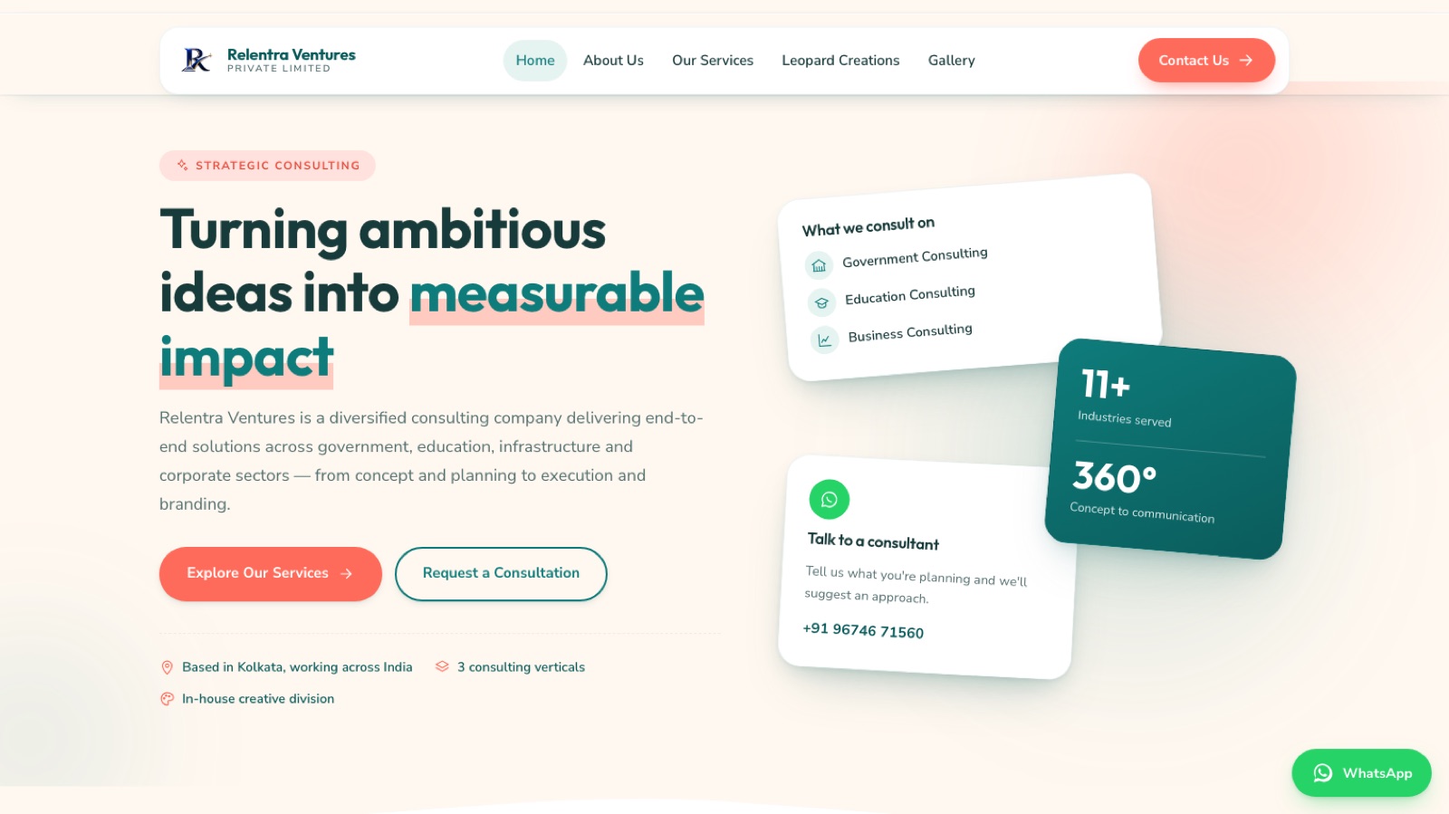 Relentra Ventures homepage: strategic consulting positioning with service verticals and a consultation call-to-action