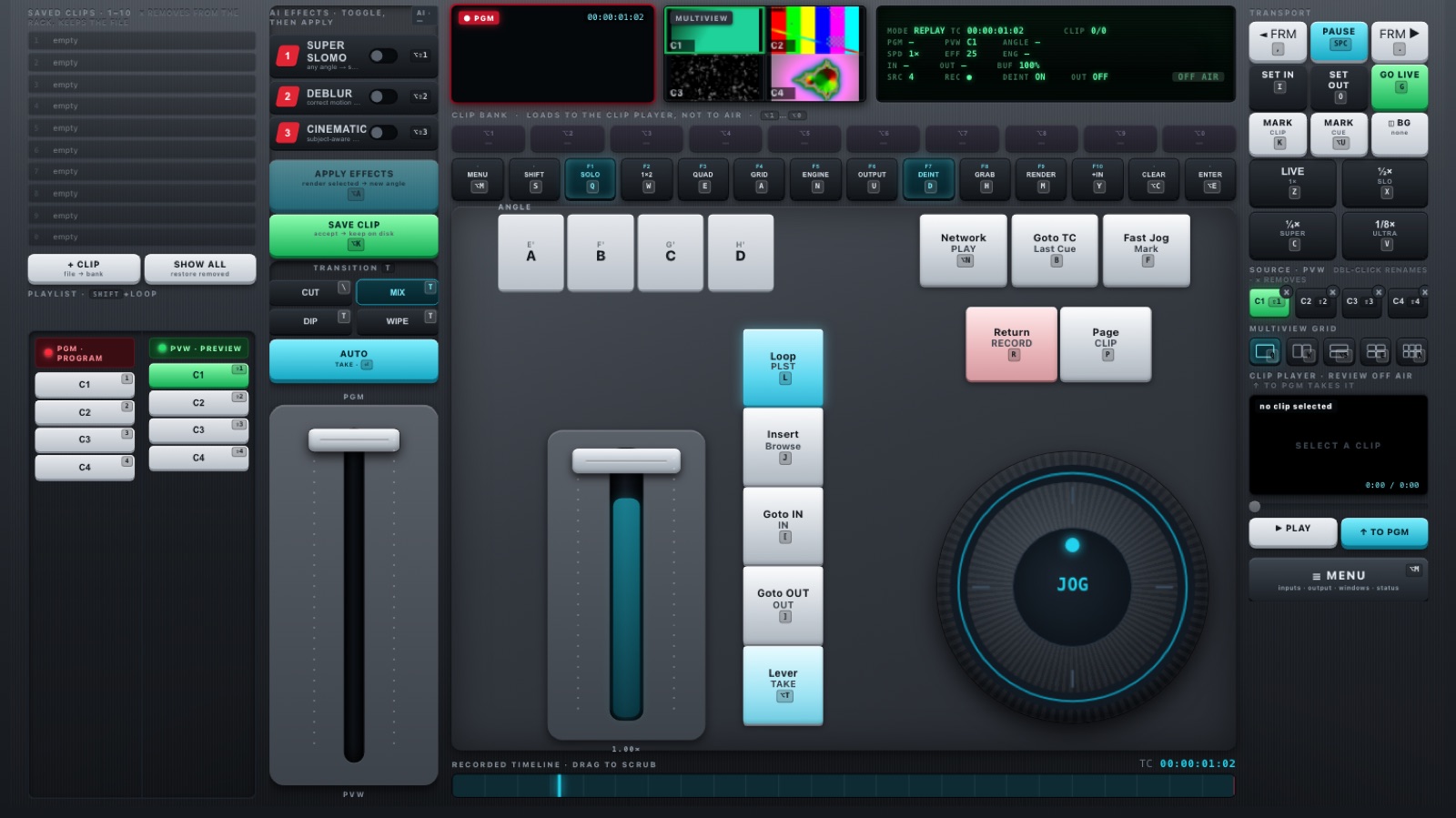 The operator console: program and multiview monitors, clip banks, transition and effect controls, faders and a jog wheel — everything identifying kept off-screen